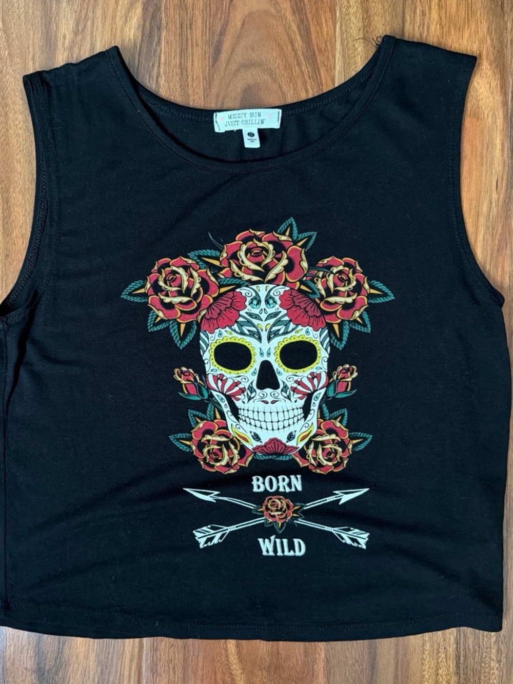 Messy Bun Just Chillin Black Tank Top with Sugar Skull & Rose Graphic